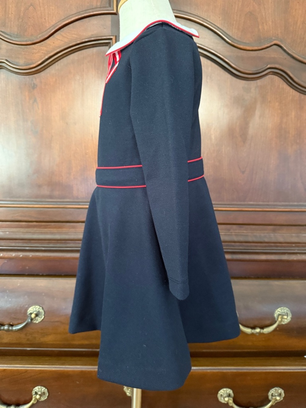 Jacadi Paris Girls Navy Peter Pan Collar Dress 3T Red Bow Holiday Preppy - Picture 5 of 6